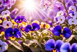 magic garden with pansy, purple or parma flowers, parma or blue light effects colors, sun, realistic, beautiful blooming trees in spring, pansy flowers, highly detailed, high contrast, 8k, high definition, concept art, sharp focus