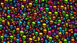 a field of 1000s of cartoonish, anatomically correct, skulls, vivid RANDOM BRIGHT neon colors, dark comedy, well lit, high detail, photorealistic, horrorcore, fun, scary, none featured, each a different color or hue,