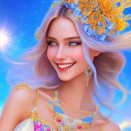 Beautyful smiling young woman, long hair amazing blue eyes, flowers, happy cosmic, bright colors, blue, pink, gold, jewels, realistic, photo real, clear sunny background, highly detailed, high contrast, 8k high definition, unreal engine 5, extremely sharp detail, light effect, sunny light background