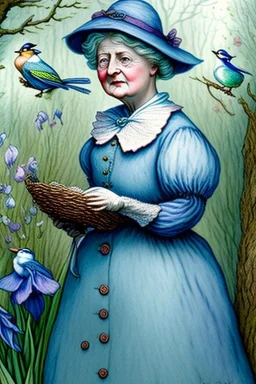 Friendly witch, playing with robins and bluetits, perfect iris, pastel colours, style Beatrix Potter