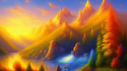 Sunny day, mountains, impressionism painting