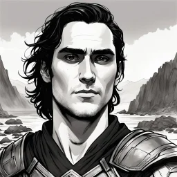 A portrait of Joaquin Phoenix in his early 30s, long beachy haircut, black hair, on a rocky island, in ebony armor from Skyrim, melancholic and dangerous facial expression, half-smiling, drawn in the style of ink manga sketch, black and white, sketchy