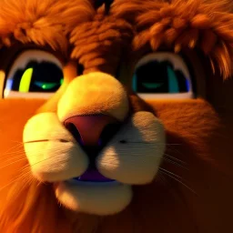 3d fluffy Lion, closeup cute and adorable, cute big circular reflective eyes, long fuzzy fur, Pixar render, unreal engine cinematic smooth, intricate detail, cinematic