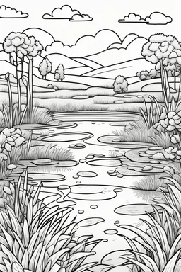 coloring page, pond in the field, cartoon style, thick lines, low detail, no shading