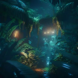 fantasy jungle at night, photorealistic, unreal engine 5, masterpiece, trending on artstation, sharp focus