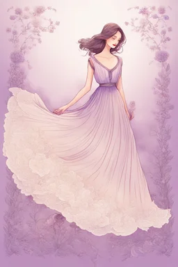 an illustration of a Beautiful woman stands gracefully in an elegant, flowing lavender dress adorned with delicate floral patterns and lace. The backdrop behind her transitions from cream at the bottom to soft hues of lavender at the top, creating a whimsical and almost magical atmosphere. To her right, a piece of lined paper appears, as if torn from a notebook. The borders of this paper are embellished with beautiful flowers, by Ryohei Hase, Agnes Cecile, Raymond Swanland, Anne Bachelier