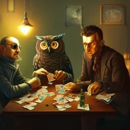 spanish illustrator, seppia colors, 3 owls playng cards in 1945, mafia, cyberpunk, high details, 4k, bar iterior, broken bottles, dollars on the table, rendering, cinematic, cluds of smoke in the room