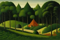 A green forest with elven huts painted by Henri Rousseau