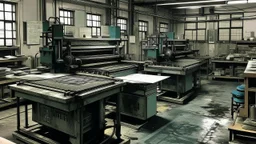 A gray factory with a printing press painted by Andy Warhol