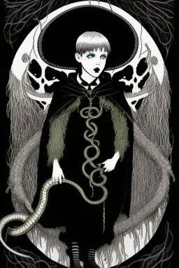 7 year old boy, necromancer, friendly, looks dead,with a lamprey serpent , wearing black robes, in the style of Harry Clarke