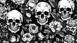 tracery of flowers and realistic skulls, black and white, Maximum minimalism