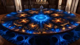 full body shot, centered, (topical view:1.5), fractal pattern burned into a lavish dining room table using the Lichtenberg technique, fractal burning, dark wood with electric blue fractal burn, 8k, DSLR, professional photography, intricate detail, ultra detailed, trending on artstation, deviantart, dynamic lighting, sharp focus, clear