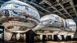 A white storm in the sky with airships designed in Maori sculptures painted by Jean Dubuffet