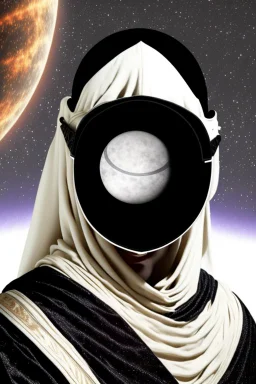 Planet Mercury portrayed as a masked human wearing medieval robes, the right side of the mask is black with open white eye, the left side of the mask is white with closed eye