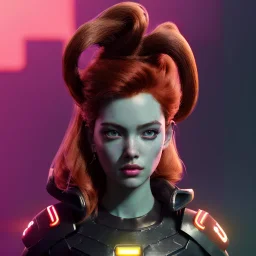 Pretty cyber woman, red hair, sci-fi, rounded face, black, gold, brown, samurai style, retro, simetric, neon style, a lot of led lights, fog, rain, leather coat, vibrant color, highly detailed, art stations, concept art, smooth, unreal engine 5, god rays, ray tracing, RTX, lumen lighting, ultra detail, volumetric lighting, 3d, finely drawn, high definition, high resolution.