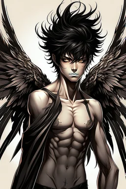 Anime man with black wings realistic