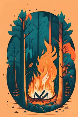 perfect round ball burning in a bonfire inside a forest, 2D flat illustration style, monoline, 3 colors max