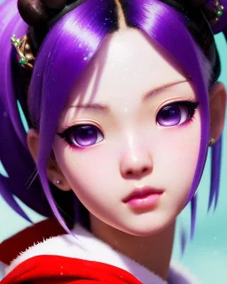 Detailed cute anime Kunoichi Christmas girl, purple hair buns, purple bangs, Christmas style colours, intricate details, full body portrait, keep head in frame, slight smile, black Japanese motif, concept art, highly detailed, digital painting, concept art, sharp focus, illustration, art by Yoji Shinkawa, WLOP and greg rutkowski and alphonse mucha and artgerm and yanjun Chen and Junji ito and Makoto Shinkai, HDR, octane render