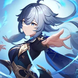 Genshin woman, Clear Focus High resolution, Calm Background, Light skinned woman, Black long beatiful hair, Dark blue sparkling eyes, Very Beatiful Face, Splash art, Battle Scene Epic