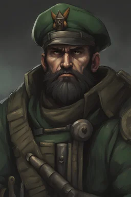 warhammer 40k rogue trader male rugged features with brown colored beard dark green eyes and black military beret green clothes holding sword full body grim propaganda