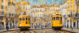 lisbon city view with famous yellow tram in gustav klimt style