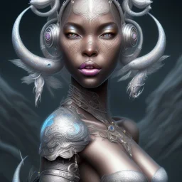 sango fantasy, fantasy magic, intricate, sharp focus, illustration, highly detailed, digital painting, concept art, matte, masterpiece head sexy front view black African beauty space lady silver carp skin one head African space night