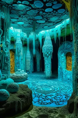 A cyan cavern with crystals designed in Oaxacan Alebrijes painted by Gustav Klimt