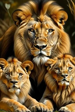 Generate an image of animal lion with his children