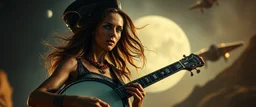 good night alien hill billy boss woman with a banjo In the style of Rembrandt,Background blur. Movie poster. Wild look. seen above, with a space ship beside her
