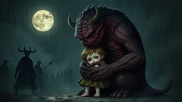 gentle, protective monster protects and hugs the alone sad child against bad high dark evil people, random background random, deep dark color, , moon, mist, rain, highly detailed, weird , surreal dark fantasy mood style like T. Burton
