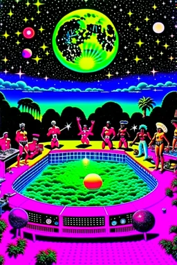 techno rave party in 80's with superstar dj playing and swimming pool on the moon full