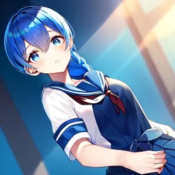 girl, masterpiece, best quality, volumetric lighting, detailed outfit, perfect eyes, blue hair, blue eyes, school outfit, braided ponytail,