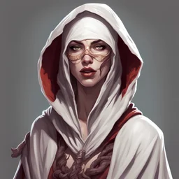 generate a dungeons and dragons character portrait of a female serpent person rouge thief who has scales on her pale skin, a snake tongue. She is wearing a hooded robe. Make her snake like tongue visible.