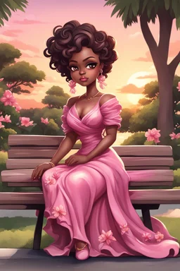 A curvy chibi cartoon black woman sitting on a park bench, facing the sunset. She has brown eyes accentuated by dramatic makeup. Her brown hair is done up in an elaborate curled twist. She sits slightly angled, wearing a flowing pink maxi dress with tropical flowers that seems to flutter in the gentle breeze.