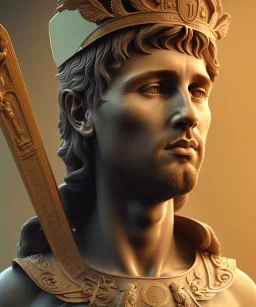 Gran angular, Realistic image, roman sculpture, marble material, Lionel Messi with Laurel wreath model, miguel angel style, God light, god rays, 4k resolution, perfect details, ornate details, soft lighting, unreal engine 5, soft cyan background.