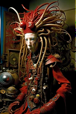 photo by tim walker : loan-blend human-biomorphic-animals squid indefinite head extreme wide shot head to toe portrait of weird smkrofft pufnstuff puppet voodoo cutie doll made of straw human nervous systems, renaissance faire alex grey hyper detailed michael cheval with a playful expression made out of mechanical parts and robot arms; cyborg details, unusual and obscure photograph by františek vobecký of a surreal scene of ghastly men, pop art, clive barker style, 300mm f/.8, raw cinemati