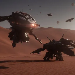 Armored Core machine robot fights another Armored Core fly in the sky in the desert with the ocean where you can see the space in the sky with the twilight on the horizon, 4k resolution