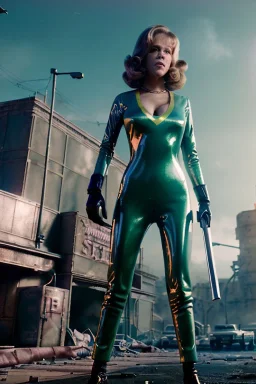 retro sci-fi press image, supermarket explosions from 1960, sweet young Jane Fonda, tight latex suit, weapon, fighting stance, soft color, highly detailed, unreal engine 5, ray tracing, RTX, lumen lighting, ultra detail, volumetric lighting, 3d, finely drawn, high definition, high resolution.