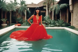 [photo by helmut newton] 70ties light red dress revealing Latina woman blunt bangs, in the hacienda of a drug dealer, sits in a swimming pool, wet fabric