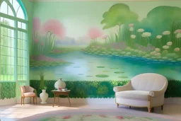 Reimagine Claude Monet's iconic water lily pond in Giverny with a mural that captures the essence of impressionist art. Use a dreamy palette of pastel hues to recreate the magical atmosphere of Monet's garden.