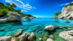 Una pequeña cala serena rodeada de formaciones rocosas únicas en un mar de aguas cristalinas y transparentes con reflejos de luz azul intensa que bañan las rocas y el fondo marino, con la costa cubierta de vegetación mediterránea y algunas palmeras que se inclinan hacia el agua, bajo un cielo azul despejado con algunas nubes blancas esparcidas.
