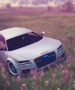 voiture blanche dans un champs de fleur, chrome, synthwave, Concept Art, couleur vibrante,audi