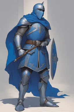 Knight wearing blue armor and blue cape with blue face mask, holding a sword and shield