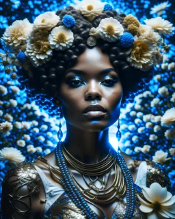 portrait of the african queen of the underworld, beautiful face, completely surrounded by hydrangea flowers by karol bak, james jean, tom bagshaw, sharp focus, trending on artstation, cinematic lighting, hyper realism, octane render, 8 k, hyper detailed, photorealistic, gold jewelry, glowing background