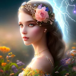 bright fairy, beautiful portrait, flowery landscape, soft pastel colors, soft lightning