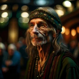 portrait of hippie wood elf in dark royal ancient concert hall , photo-realistic, shot on Hasselblad h6d-400c, zeiss prime lens, bokeh like f/0.8, tilt-shift lens 8k, high detail, smooth render, down-light, unreal engine, downlight