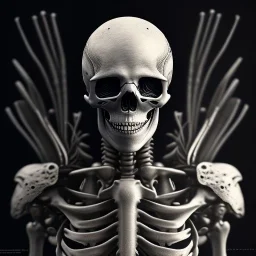 skeleton old warrior with blood flows down in hr giger style, steam punk, realistic, made in octane, cinematic, ultra-realistic, extremely detailed octane rendering, 8K, VRAY Super Real ar 2:3, dof photorealistic futuristic 50mm lens hard lighting dark gray tintype photograph, realistic lighting, sepia color