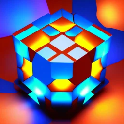 a blue metallic 4d cube inside a 4d orange rotating cube in a 4 dimension environment