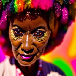 masterpiece, best quality, old woman, dark skinned, sparkling eyes, fluorescent skin, colorful makeup, afro, head shot, highly detailed body, sun light, 4K, RAW, depth of field, high contrast, realistic details, 24mm