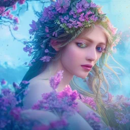  Beautiful and bright goddess of spring,delicate flowers,blue eyes, knees up portrait, fantastical, intricate detail, splash screen, complementary colors, fantasy concept art, 8k resolution, Unreal Engine 5"